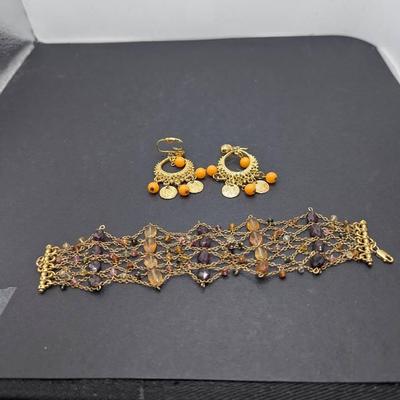 Tribal Etruscan Dangle Pierced Earrings, Wide Beaded Statement Cuff Bracelet 