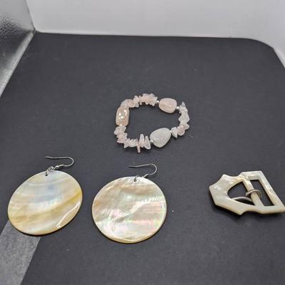 Mother Of Pearl Pierced Earrings, Chunky Pink Rose Quartz Bracelet, Vintage MOP Belt Buckle  