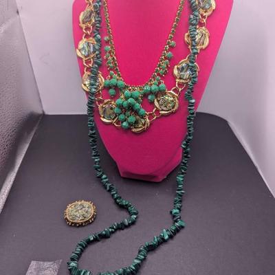 Paparazzi Emerald Green Necklace, Vintage Abalone Necklace, Malachite Nugget Necklace Plus 