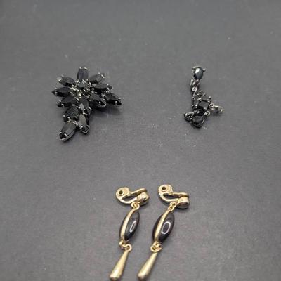 Black Stones Brooch, Monet Rhinestone Dangle Pendant, Monet Vintage Clip Dangle Earrings 