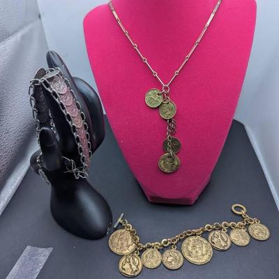 Vintage French Coin Bracelet, Necklace W/Goldtone Coins, Bracelet 50s Coin Souvenirs 