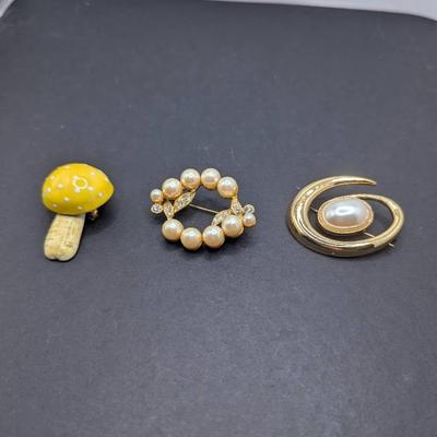 Original by Robert Mushroom Brooch, Richelieu Faux Pearls Rhinestone Brooch, Monet GT Brooch 