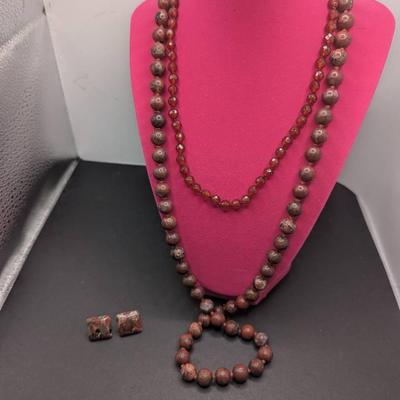 Vintage Sesame Red Jasper Beads, Poppy Jasper Pierced Earrings, Carnelian Beaded Necklace With SS Ch
