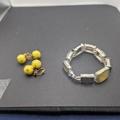 Vintage Napier Abalone Beaded Bracelet, Yellow Clip Earrings 