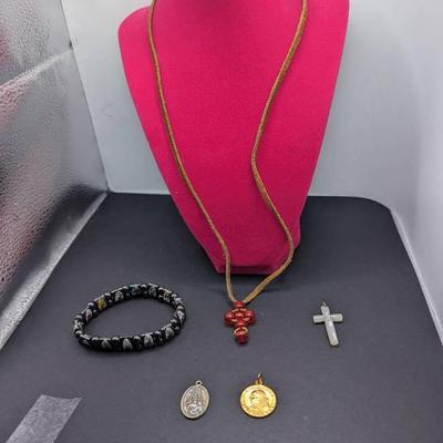 Hematite Saints Bracelet, Medal With Pope John XXIII, MOP Cross Pendant Plus