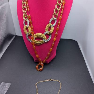 Avon GT Bracelet, GT Chain Necklace With Round Circles & Rhinestones, Carnelian Necklace W/SS Clasp