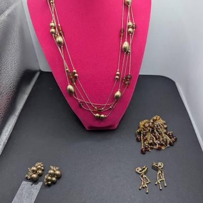 Monet 3 Strand Necklace, Monet GT Beads With Flashy Leaves Clip ER,, Vintage Monet 70/80s Dangle ER