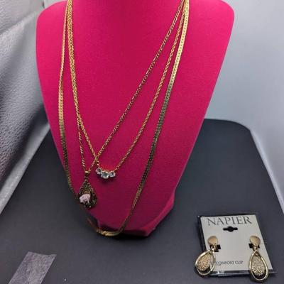Napier GT Necklace, Napier GT Clip Earrings, Pink Rose Porcelain Pendant Necklace, 14k Gold Electro