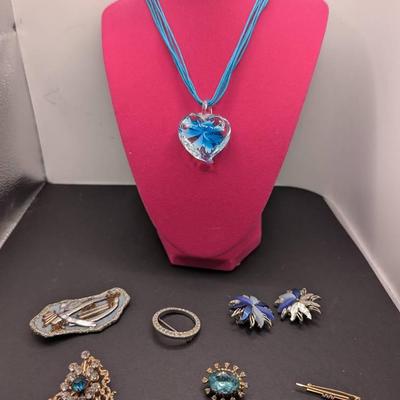 Glass Heart Floral Pendant, Coro Earrings, 2 Blue Stone Brooches Plus 