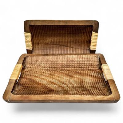 Hand-Carved Wood Serving Trays with Wicker Handles