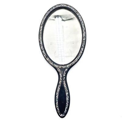 Black Handheld Mirror with Abalone Inlays