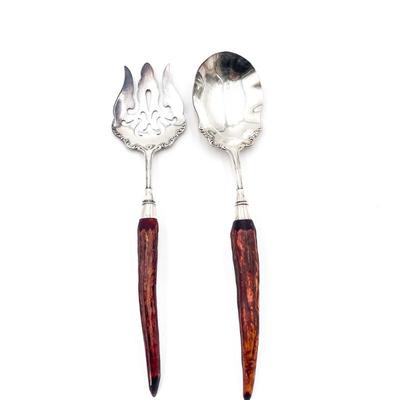 Antique Silver-Plated Salad Server Set with Deer Antler Handles