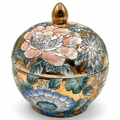 Floral Ceramic Lidded Bowl with Gold Accents