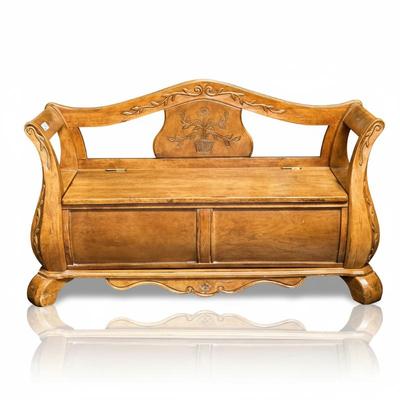 Carved Wooden Bench with Floral Motif