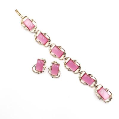 Coro Pink Thermoset Lucite Moonglow Bracelet & Earrings