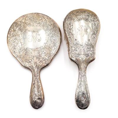 Silverplate Vanity Mirror and Hairbrush Set with Monogram