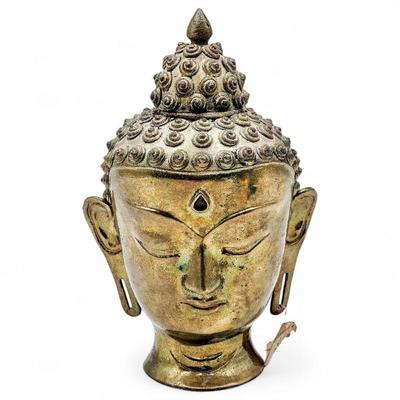 Brass Buddha Head With Detailed Hair Ornamentation