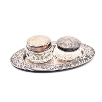 STERLING SILVER VANITY TRAY with Two Lidded Containers