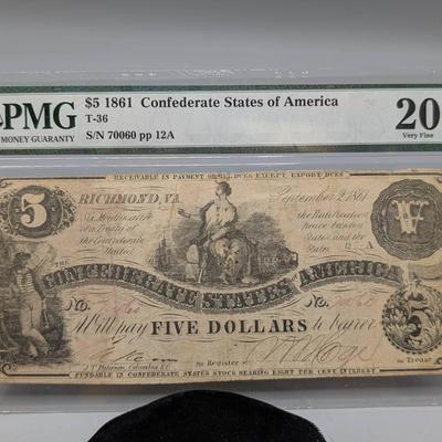 1861 Confederate $5 Note...PMG 20