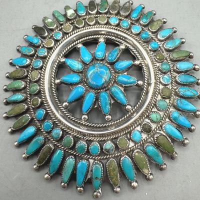 Vintage Zuni Turquoise And Sterling Cluster Pin 