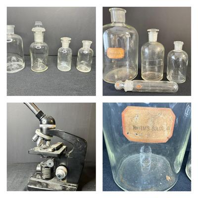 Vintage Pyrex Apothecary, Kimax Beakers, Wolfe Microscope Lot