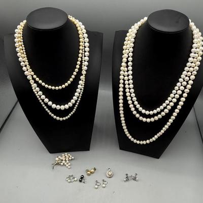 Vintage Strands Of Pearls, Pearl Earrings And Pin 