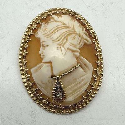 14k Gold & Diamond Cameo Brooch/Pendant