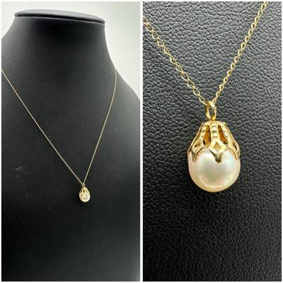 14k Gold Chain Necklace w/ Pearl Pendant