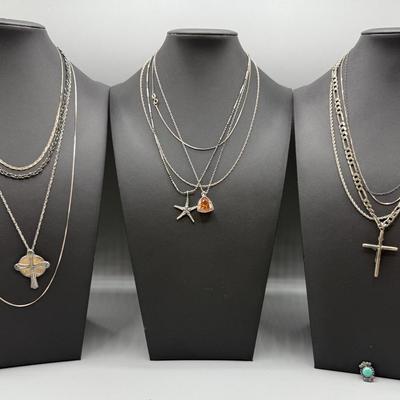 12 Sterling Silver Necklaces, Some With Pendants 