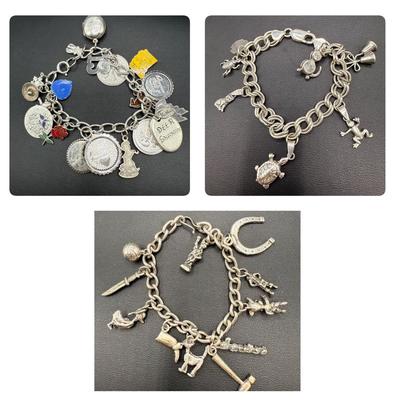 Three Vintage Sterling Silver Charm Bracelets 