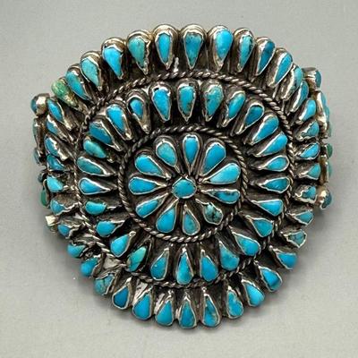 Vintage Zuni Sterling Silver Petit Point Turquoise Rosette Bracelet