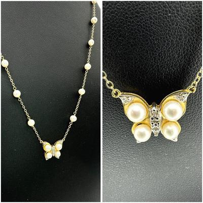 14k Gold & Pearl Chain Necklace w/ Butterfly Pendant