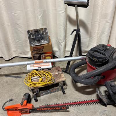 Assortment Of Work Shop Items-Workmate, Shop Vac, Trimmers, Rolling Bar, Heater