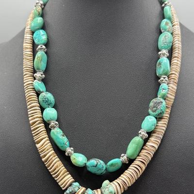 Vintage Graduated Turquoise Nugget & Shell Heishi Necklace And Turquoise Nugget Necklace 