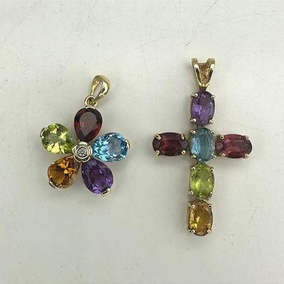 Two 14k Gold Multi Stone Pendants