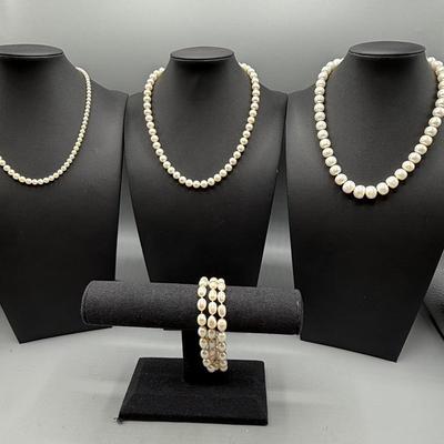 Three Strands Of Vintage Pearls And Bracelet 