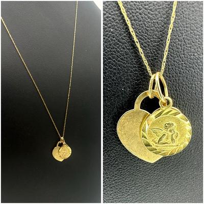 14k Gold Chain Necklace w/ 2 Pendants