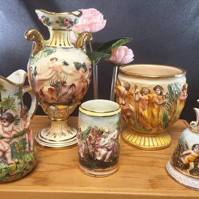 Lot of 5 Capodimonte Italian Hand-Painted Figural Vases, Bell & Mug
