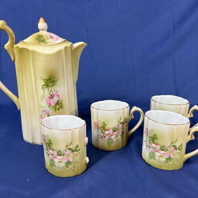 Antique Hand Painted Nippon Pot & 4 Cups 