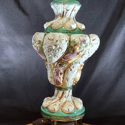 Vintage Italian Porcelain Table Lamp with Ornate Brass Base