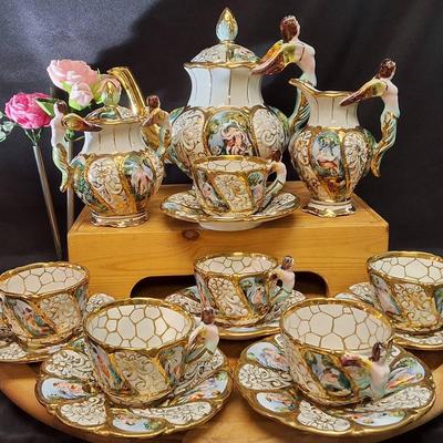 Capodimonte Italian Porcelain Tea Set with Cups, Saucers & Serving Pieces 9 Pieces