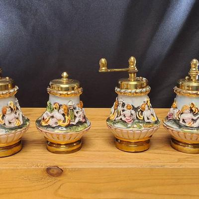 Set of 4 Italian Capodimonte Style Porcelain & Brass Cherub Spice/Pepper Mills