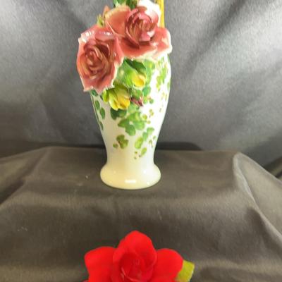 Hand-Painted Italian Porcelain Vase & Capodimonte Rose