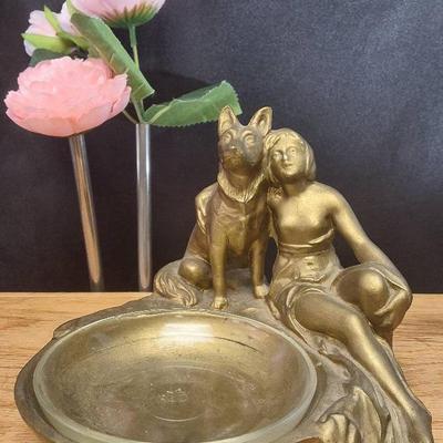 Vintage Cast Metal Ashtray with Girl and Dog Figure
