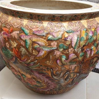 Large Hand-Painted Asian Porcelain Fish Bowl Planter with Birds and Floral Motifs
