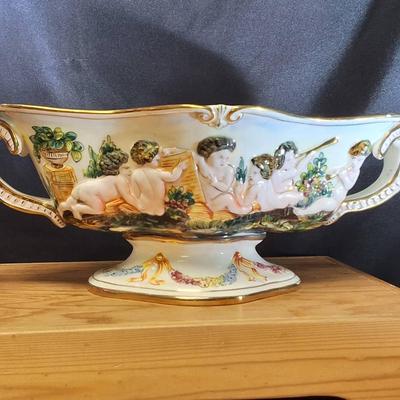 1969 Capodimonte Porcelain Pedestal Centerpiece Bowl with Cherubs