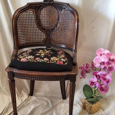 Antique Victorian/French Provincial Needlepoint Seat Cane Back Chair