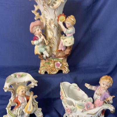 Capodimonte-Style Porcelain Trio: Figural Vase & 2 Bud Vases w/ Applied Flowers