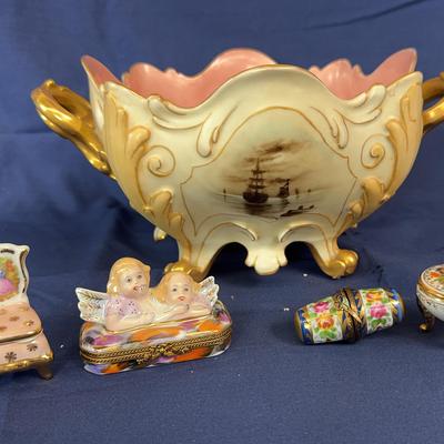 Lot of Limoges Porcelain Trinket Boxes & Large Ornate Bowl