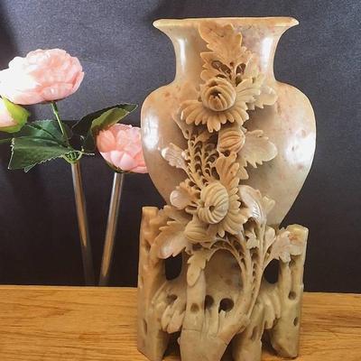 Hand-Carved Soapstone Vase with Floral Relief – China